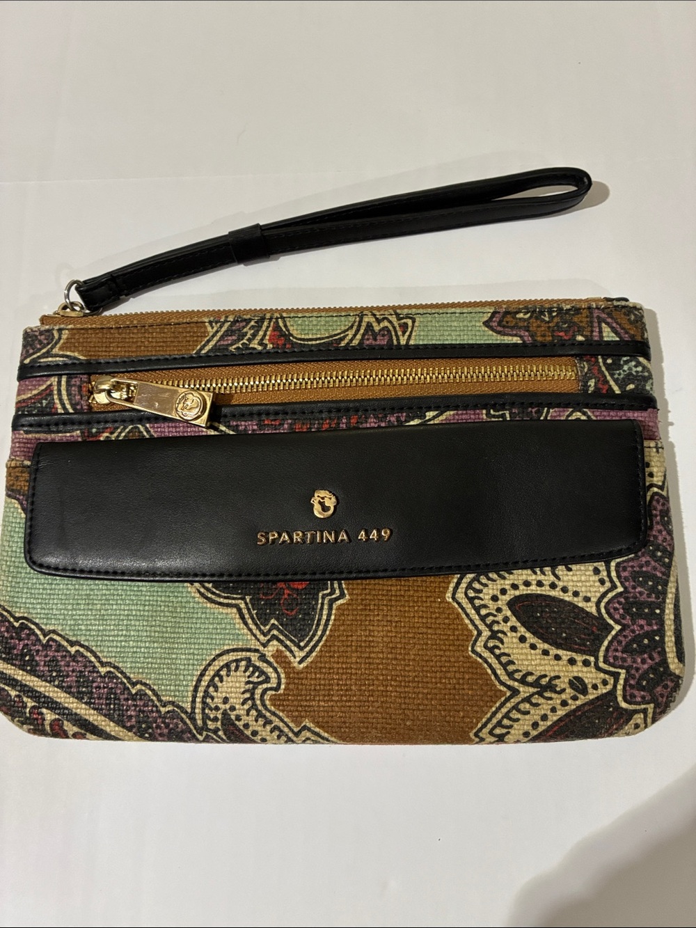 Spartina 449 Multi-Color Paisley Canvas Wristlet with Black Leather Flap